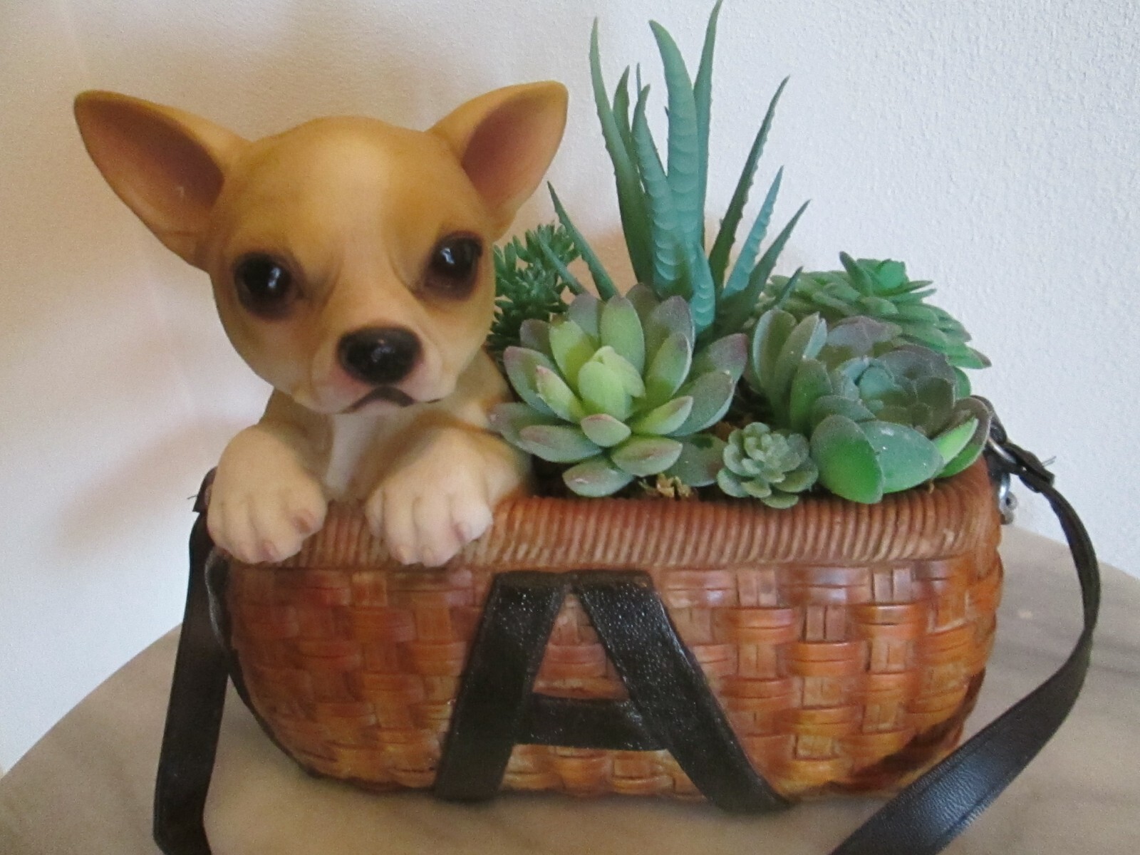 Chihuahua Dog Planter w Faux Succulents Ceramic Basket 7″ x 8″ room Decor