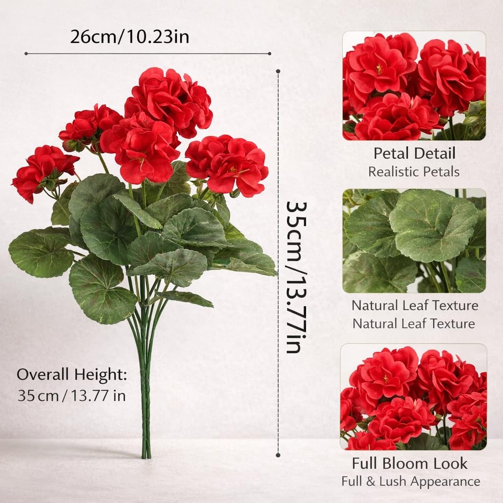 8 Bundles Artificial Geranium Flowers Outdoor UV Resistant Faux Plants for Po…