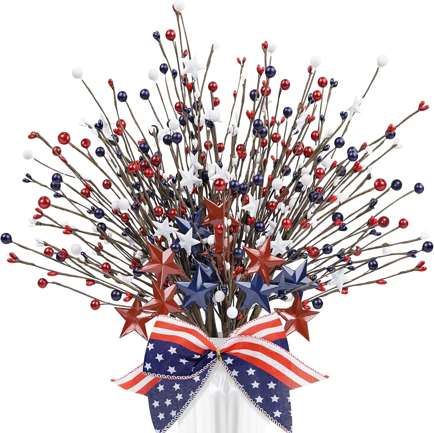 8 Pack Patriotic Artificial Berry Stem Picks,17.5″ Red White Blue Stars with Bow