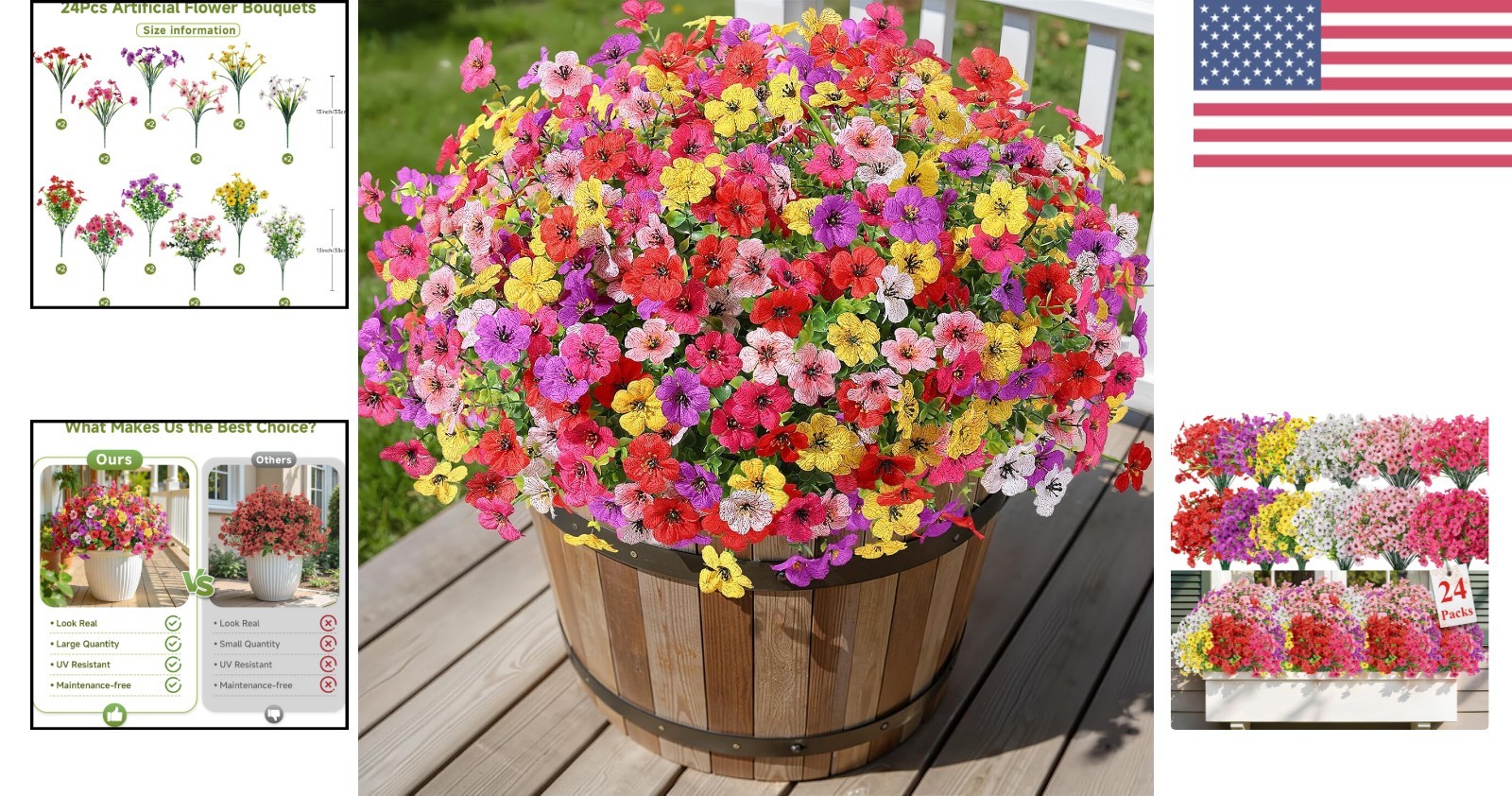24 Bundles Artificial Flowers for Outdoor Indoor Decor, UV Resistant Silk Plants