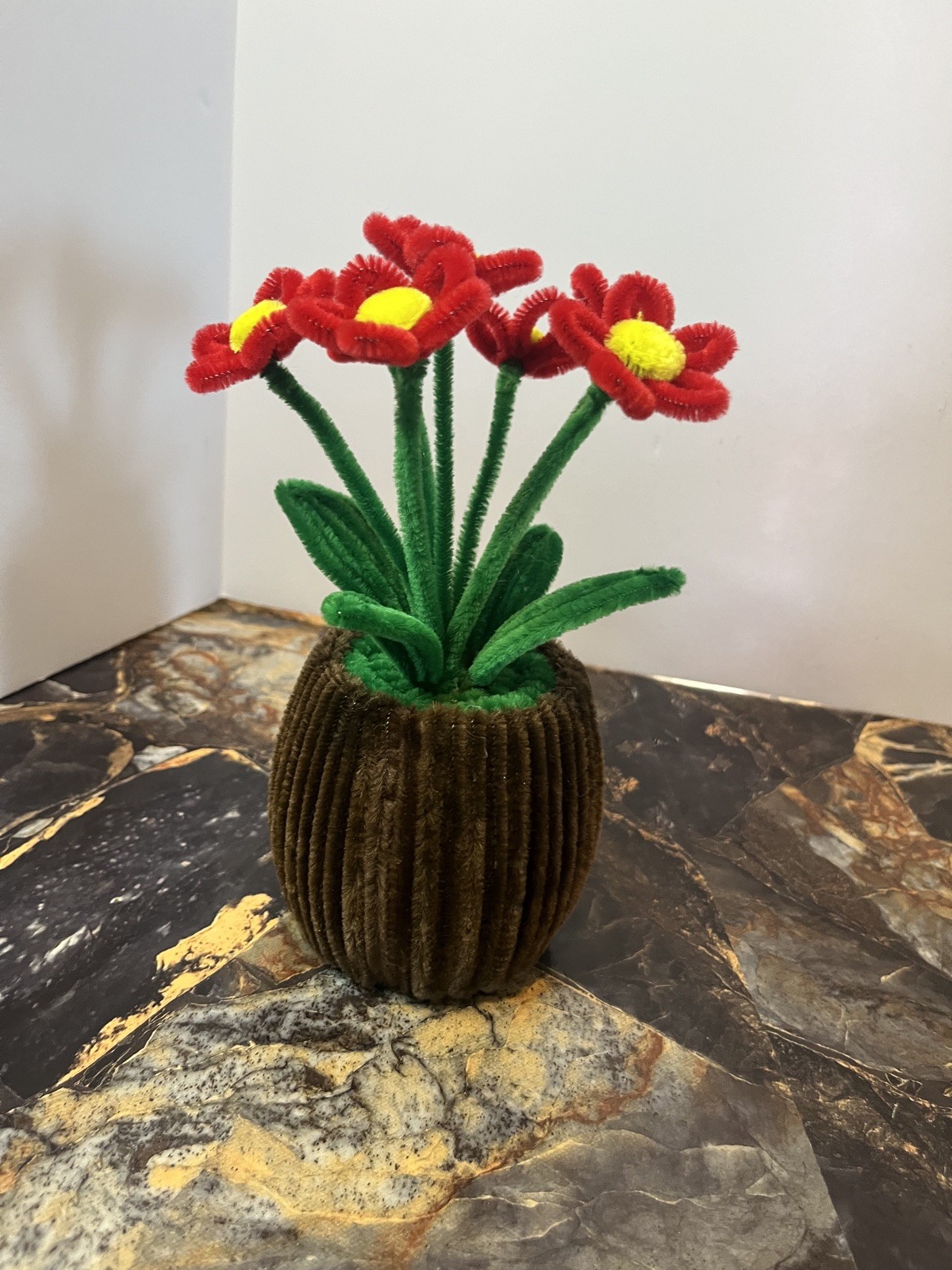 Handmade Pipe Cleaner Flowers in Brown Pot –Red &Yellow Artificial Craft Bouquet