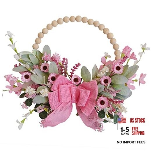 16″ Spring Wooden Beaded Door Wreath Pink Daisy, Burlap Bow Wreath,