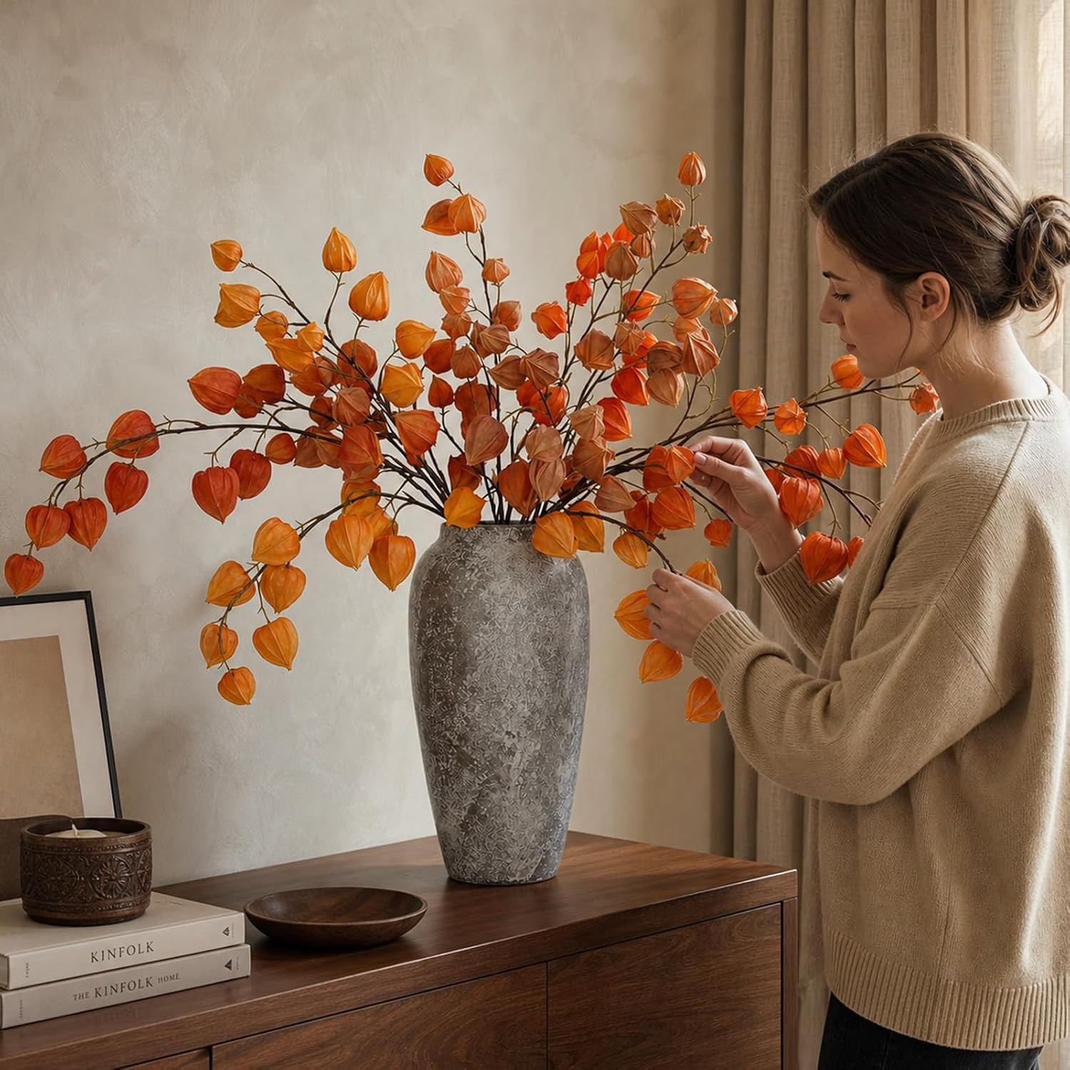 6 Pcs Faux Chinese Lantern Flowers Stems for Home Wedding Decor 31.5 Inch