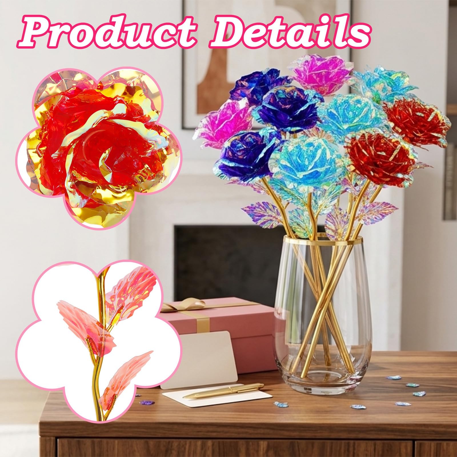 Wowagoga 12 Pcs 24K Galaxy Rose Artificial Flowers, 4 Colors 9 x 3 inches, 1