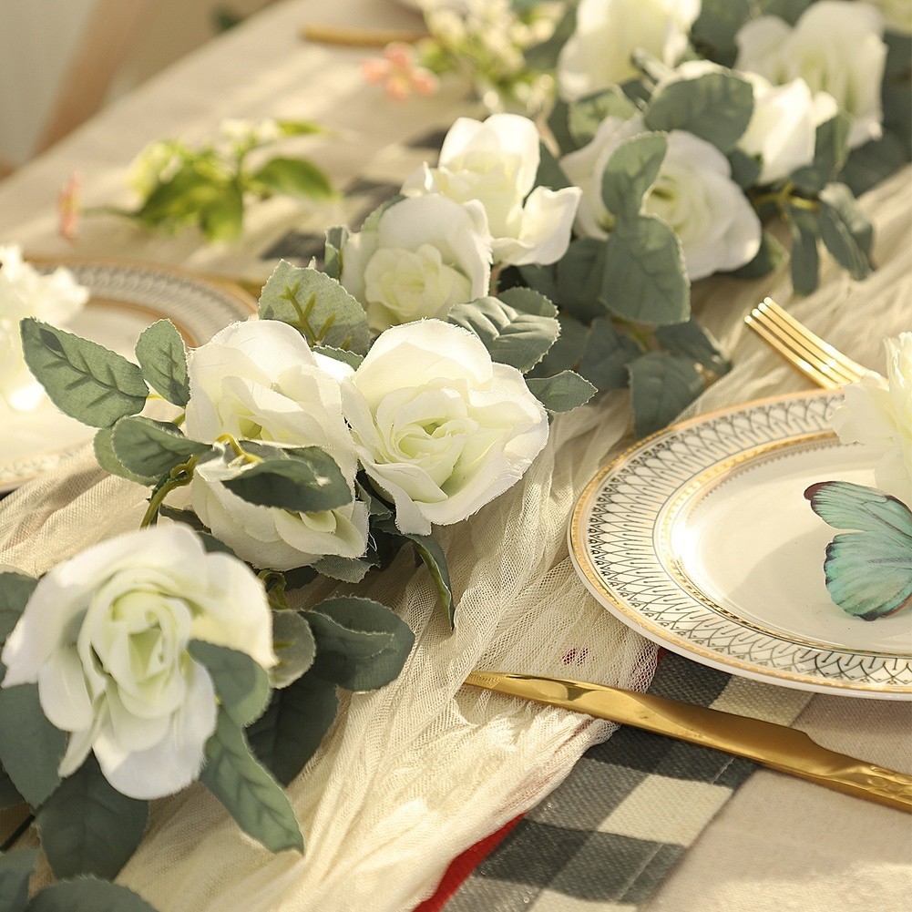 White Rose Garland 86.6 inches with Reinforced Wire Stem for Stability