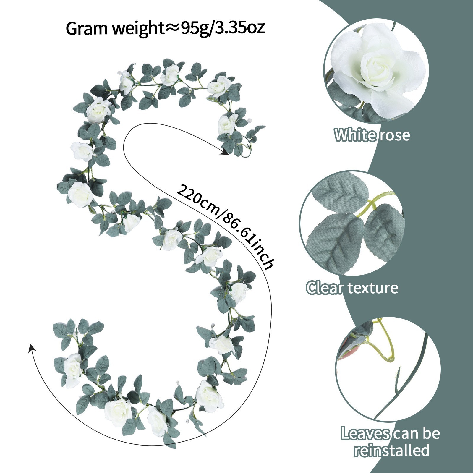 White Rose Garland 86.6 inches with Reinforced Wire Stem for Stability