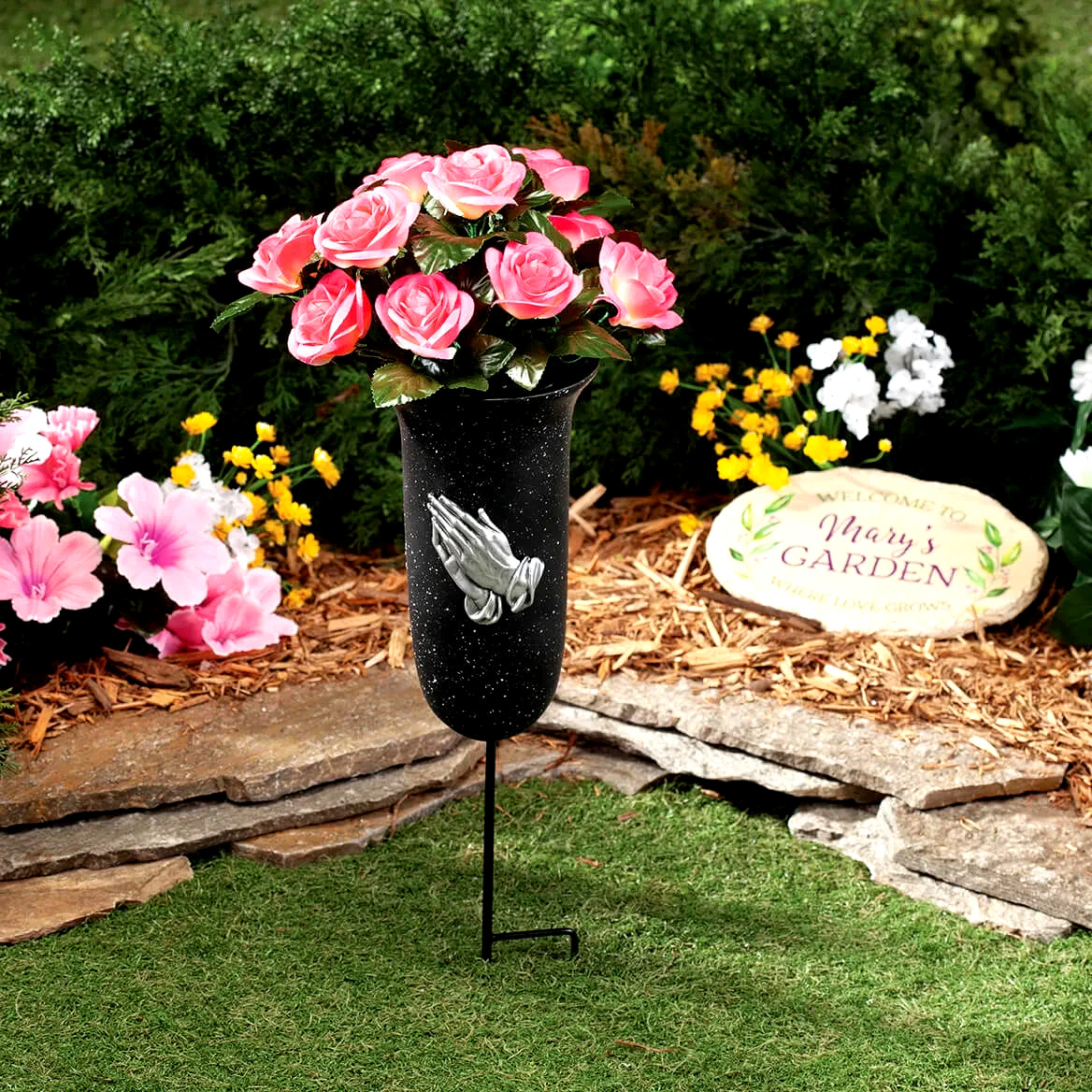Praying Hands Black Urn Memorial Vase Stake Sculpture Garden Yard Cemetery 20″H