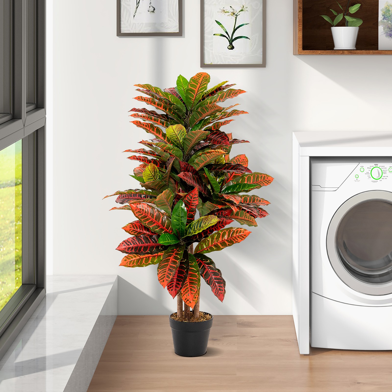 40” Tall Artificial Croton Plant w/ Colorful Variegated Leaves & Natural Wood