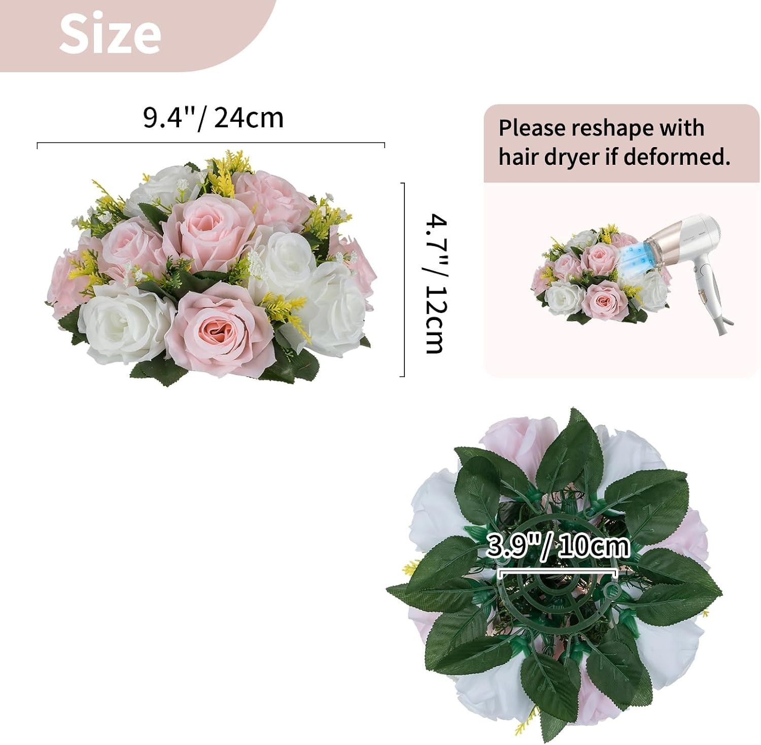 Silk Rose Flower Balls – 10 Pcs 9.5″ Pink White Centerpieces, Ready-to-Use Decor