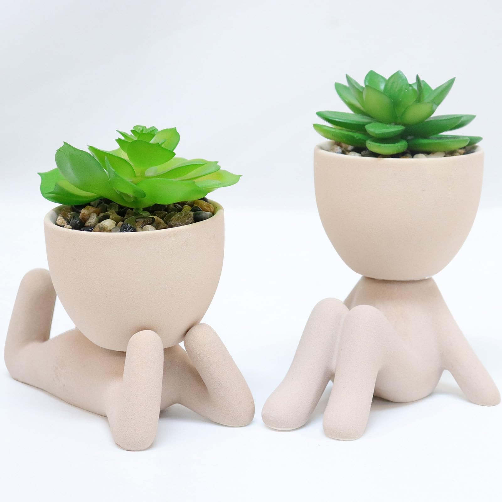 2PCS Cute Artificial Succulent Plants with Creative Human Shaped Pots, Desk D…