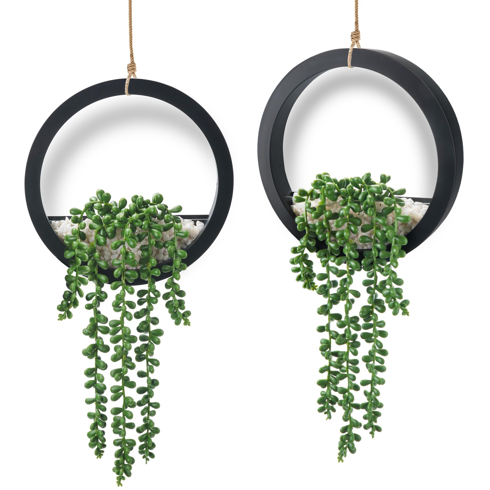 2 Pack Hanging Artificial Succulents in Black Pots Boho Farmhouse Wall Decor