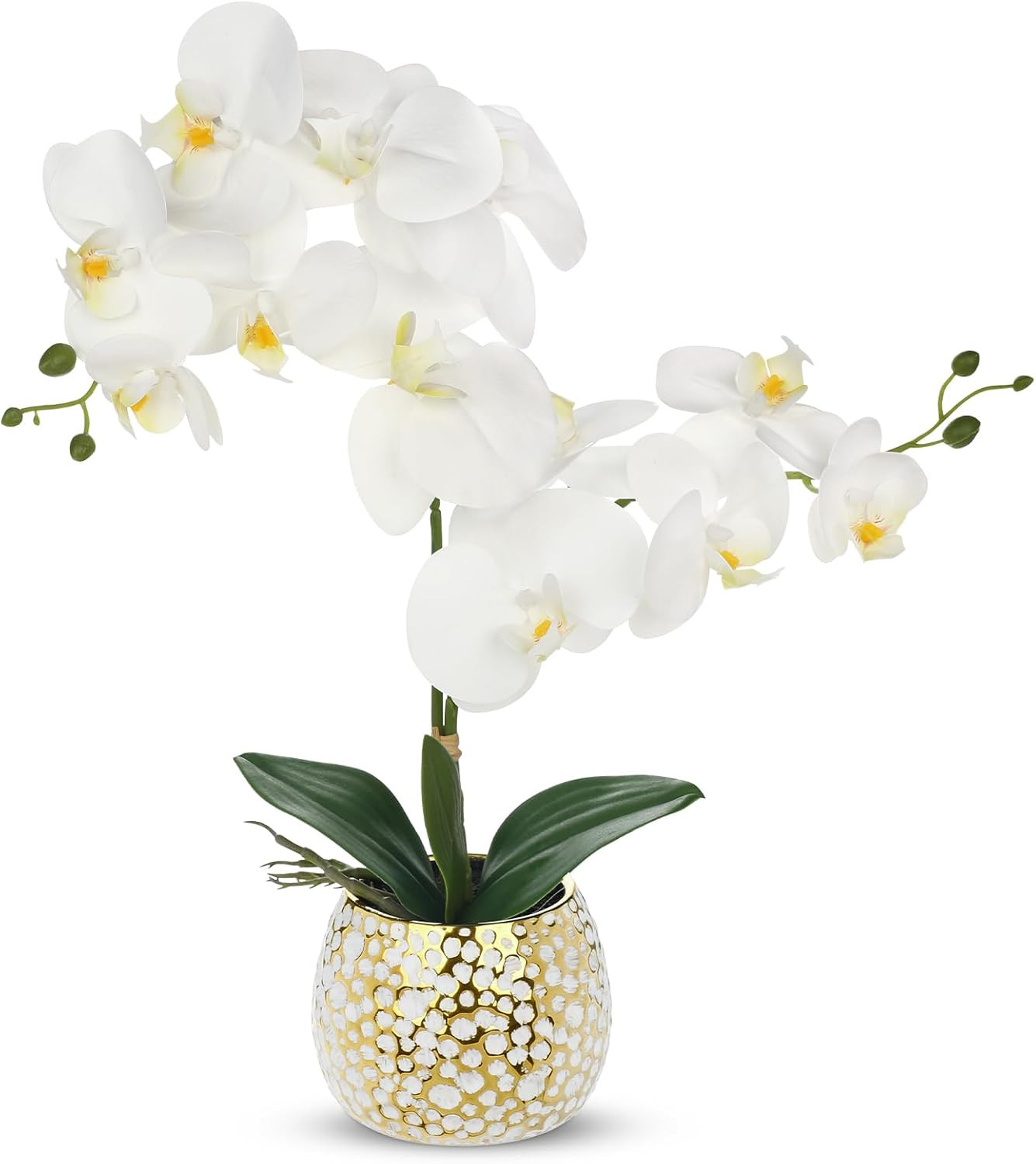 Elegant White Orchid Silk Flowers in Gold Pot for Home Décor Centerpiece