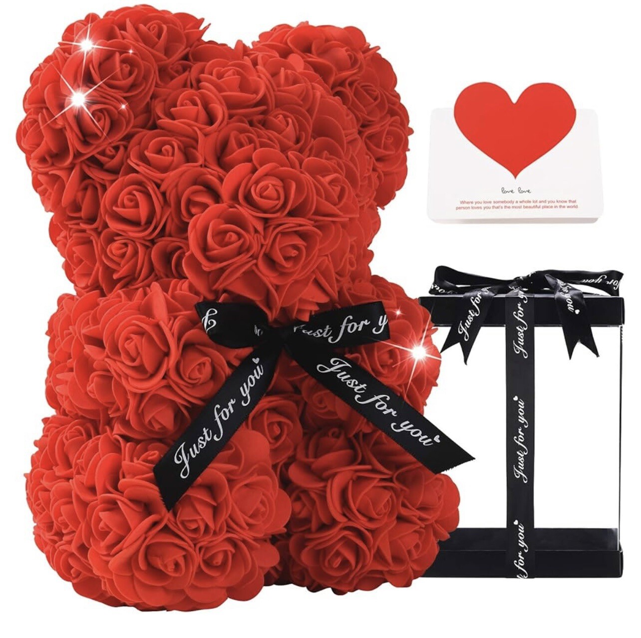 Valentine’s DayRose Flower Bear Hand Made Rose Teddy Bear w/Clear Gift Box(red)
