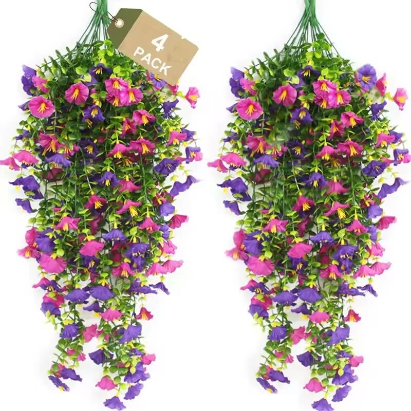 4PCS Artificial Morning Glory Vines UV Resistant Hanging Flowers Outdoor Decor