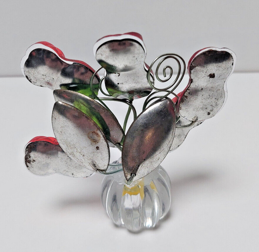 Vintage Acrylic Plastic Red Roses Flower Green Leaves Clear pot 4×4” Wire Stems