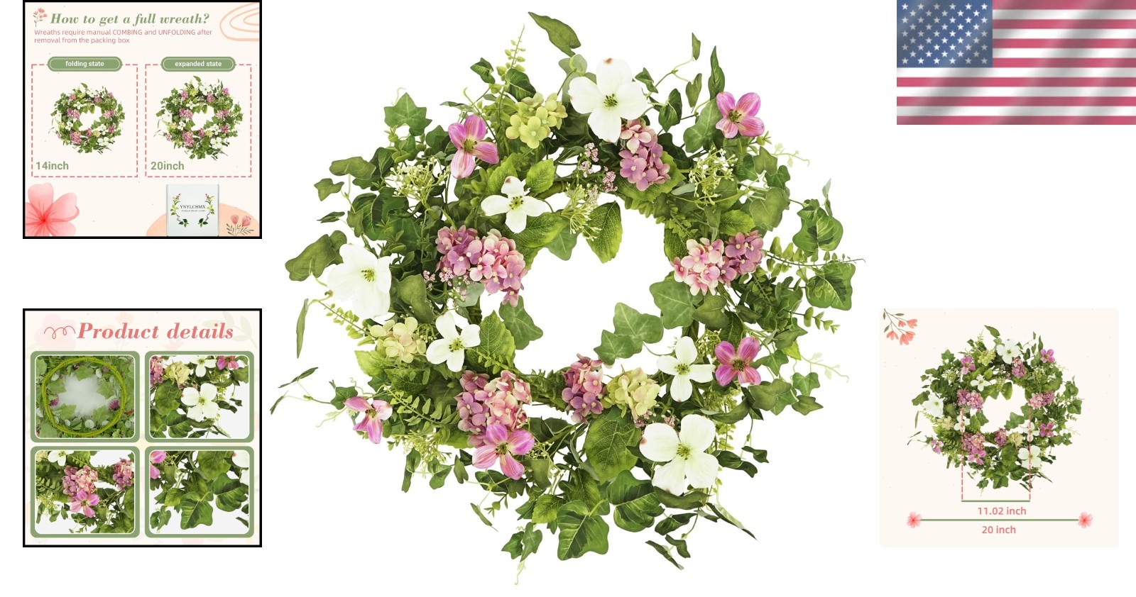 20″ Handcrafted Floral Wreath with Pink Hydrangeas – Ideal for Any Occasion