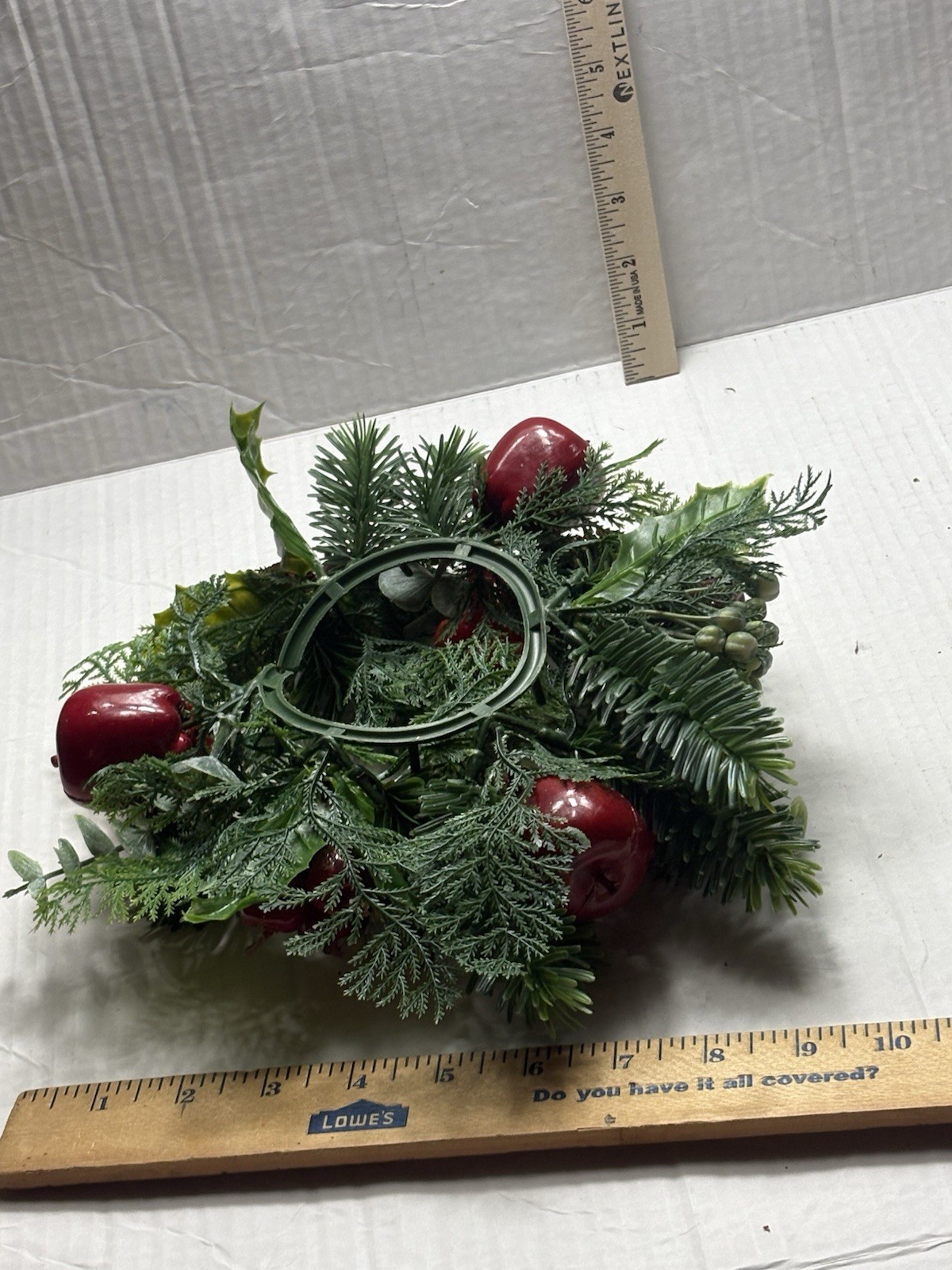 Christmas Candle Ring Wreath Faux Pine Apples Berries Centerpiece Decor
