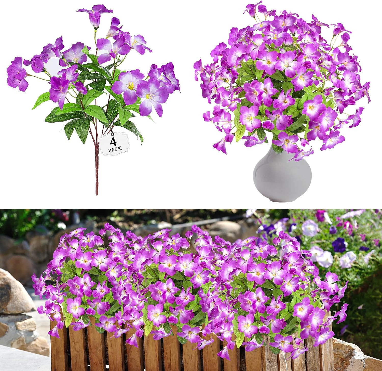 Vibrant 15.7″ Purple Artificial Azalea Flowers – Set of 4 for Outdoor Decor