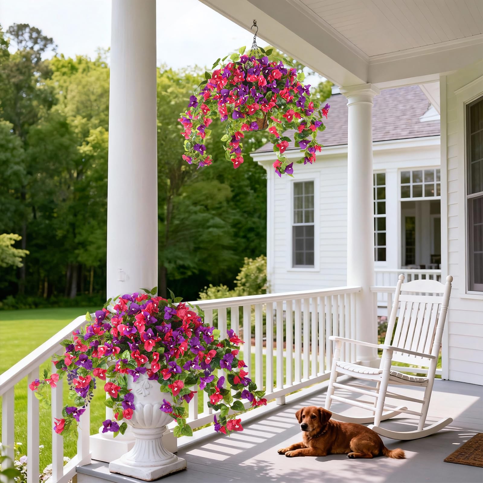 Homsunny Artificial Fake Hanging Flowers Plants Basket for Outdoor Decoration