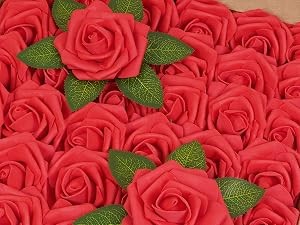 16Pcs Artificial Flowers Fake Roses with Stems, Red Boxed Foam Roses for DIY