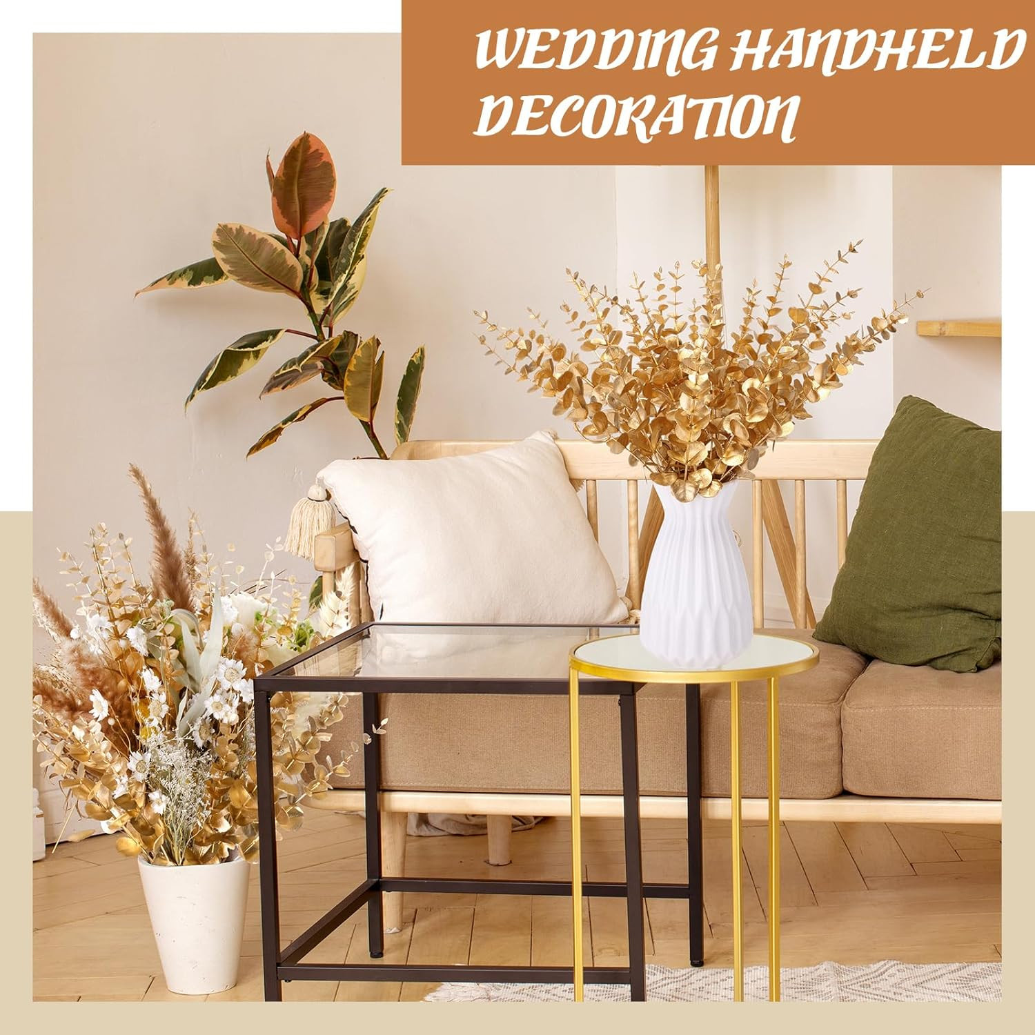 200Pcs Gold Eucalyptus Stems – 15In Decor for Home & Wedding Centerpieces