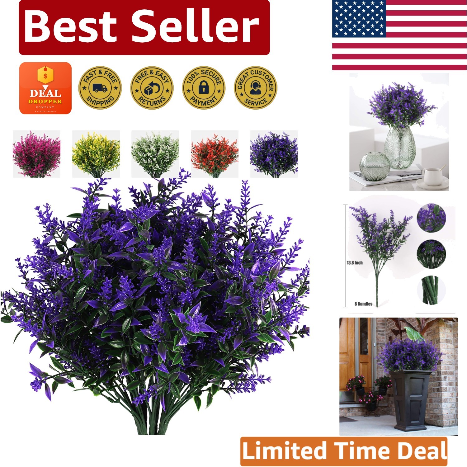 8 Bundles of UV Resistant Artificial Lavender Flowers for Indoor & Outdoor Decor