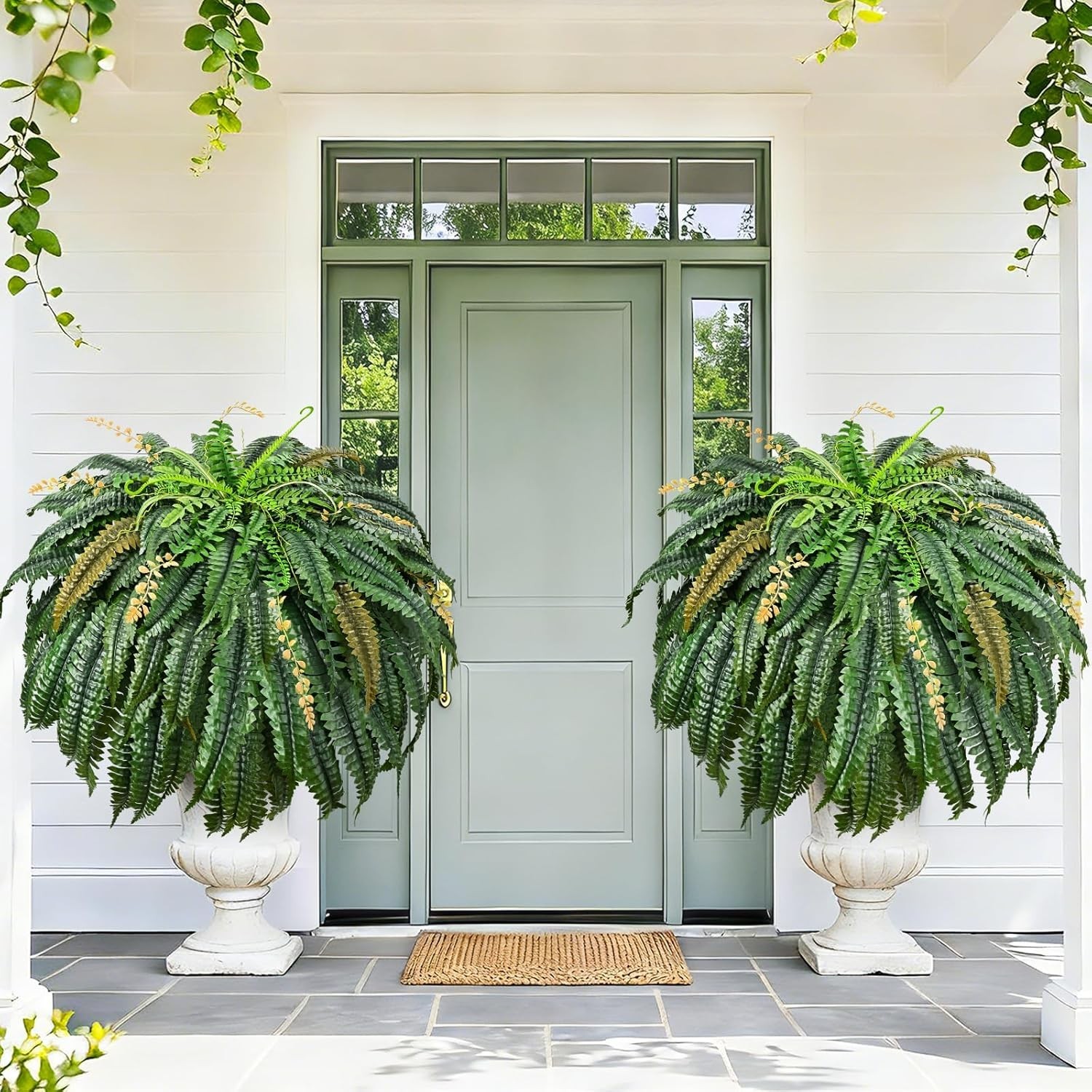 48-Inch UV Resistant Faux Boston Fern with 133 Lush Leaves for Outdoor Charm