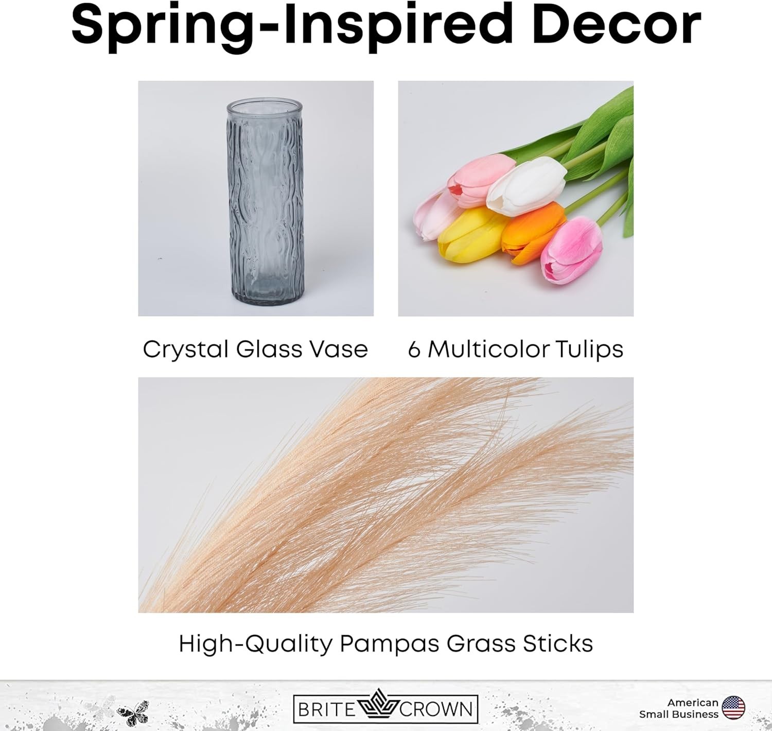Brite Crown Touch Bloom Tulip Flower and Glass Vase Arrangement Set – 8 Pcs