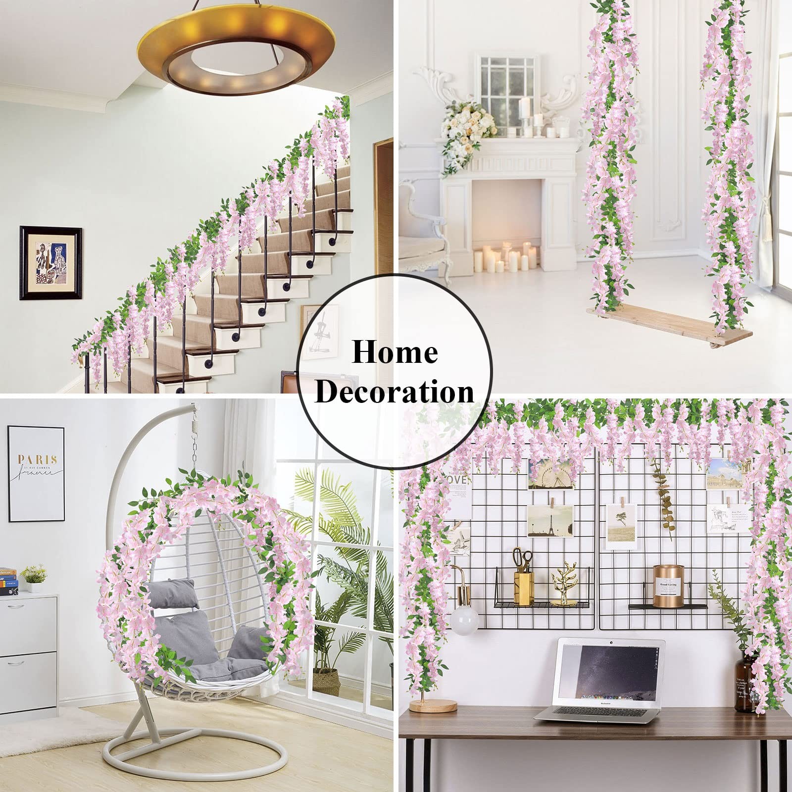 U’Artlines 5Pcs 7.2 Ft/Piece Artificial Wisteria Garland Silk Fake Pink Wiste…