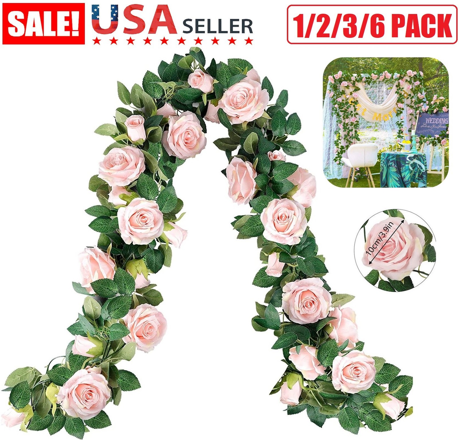 3Pcs Artificial Rose Vine Flowers w/Green Leaves Hanging Fake Roses Vine 7.5 ft
