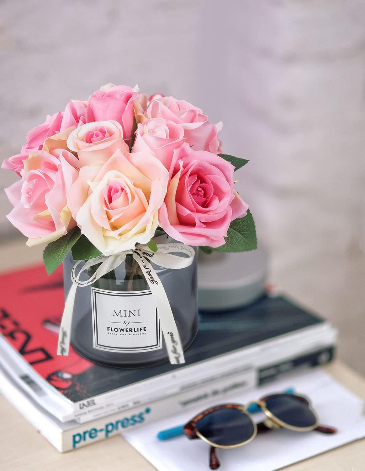 Artificial Flower and Glass Vase, Silk Rose Flower Glass Bottle Set, Suitable fo