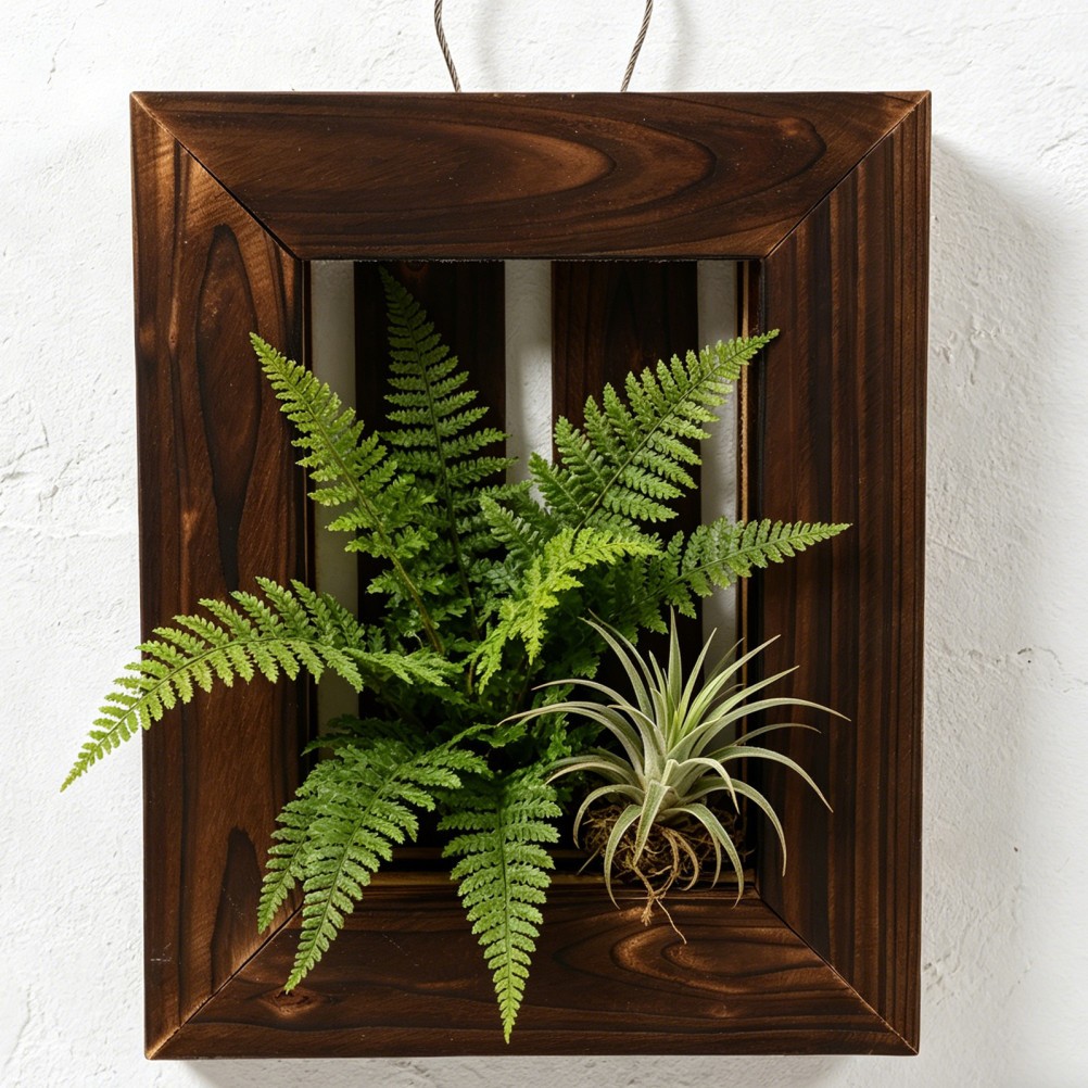 Natural Wood Vertical Wall Mounted Orchid Planter with Staghorn Fern Mount Frame