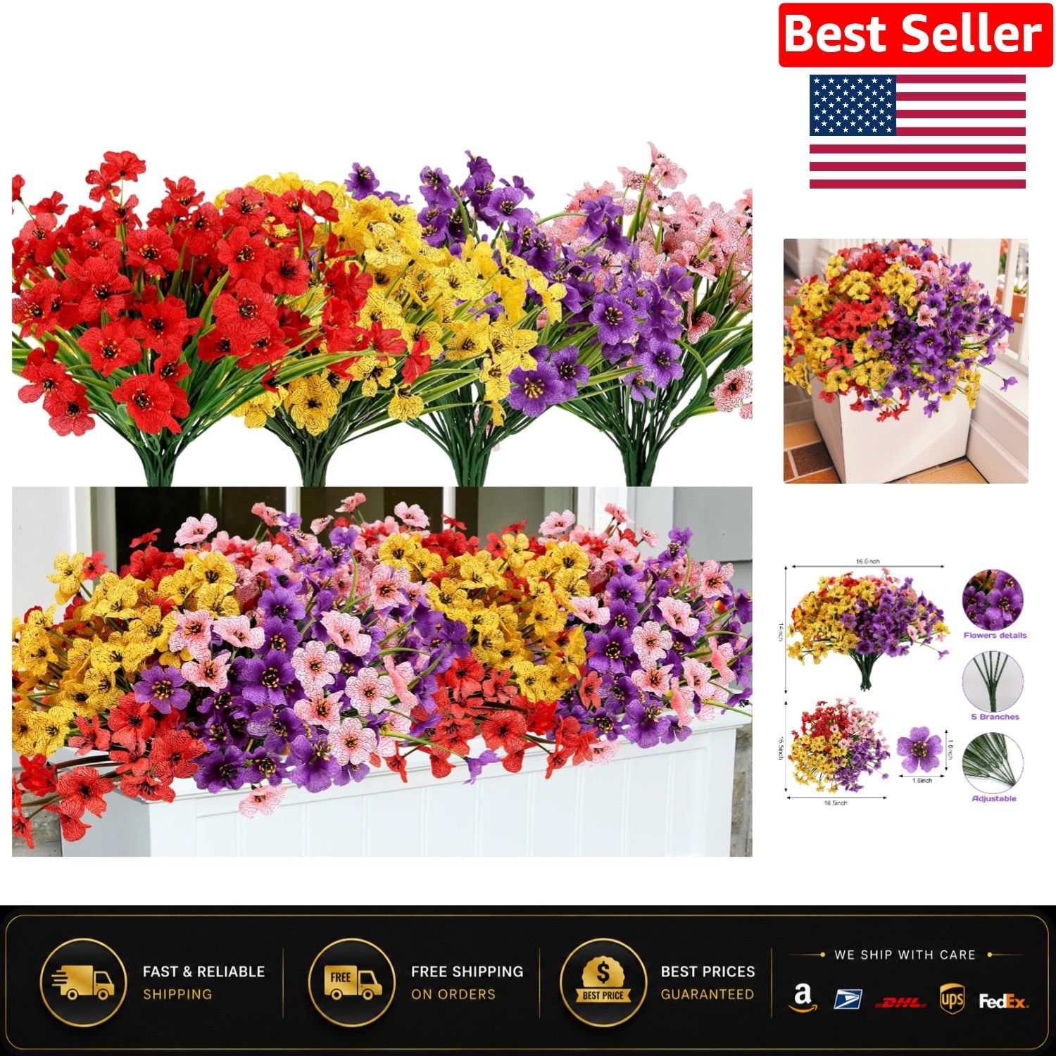 Realistic 16-Piece Colorful Artificial Flower Bundles for Outdoor Elegance