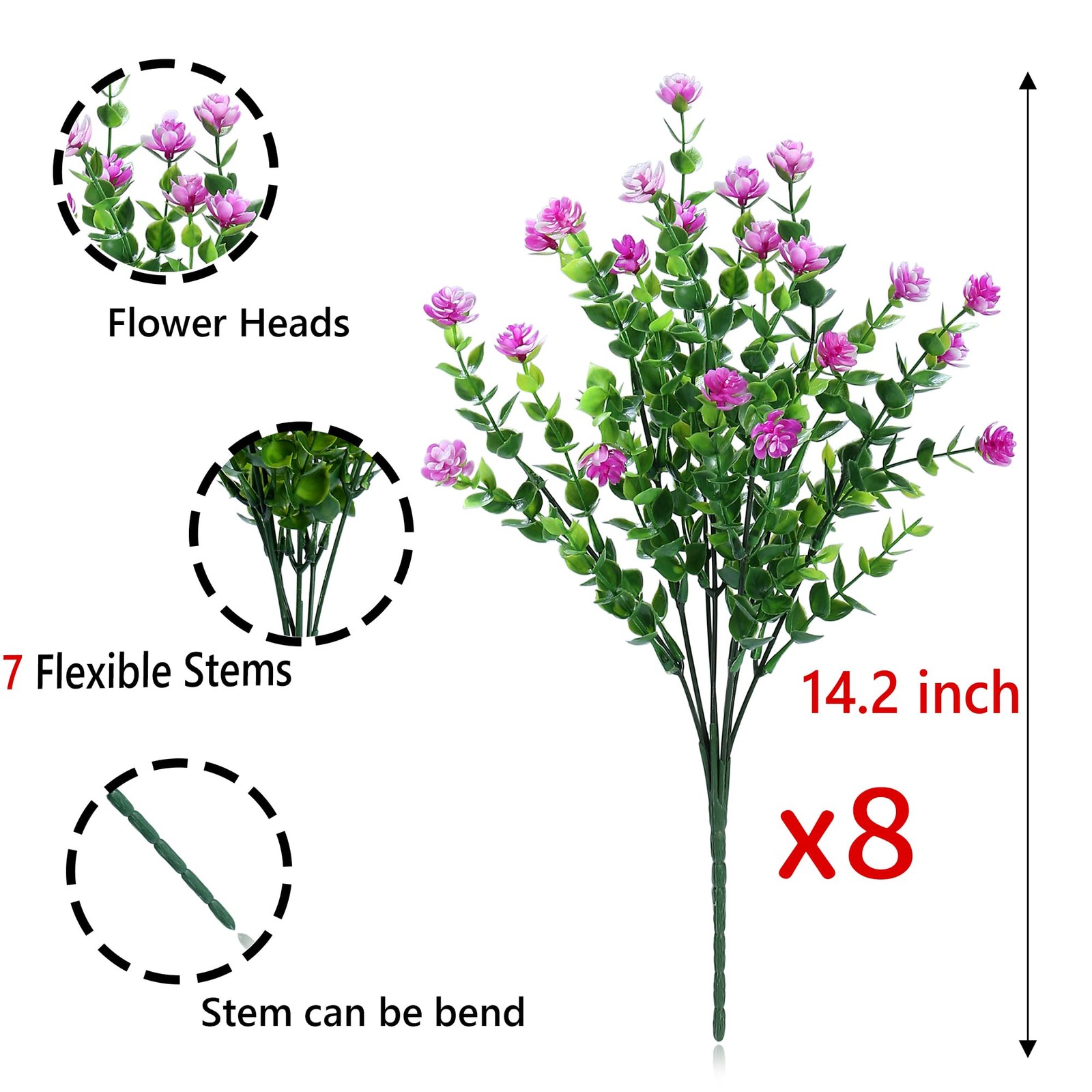 Artificial Flowers Outdoors UV Resistant, Fuchsia, 8 Bundles