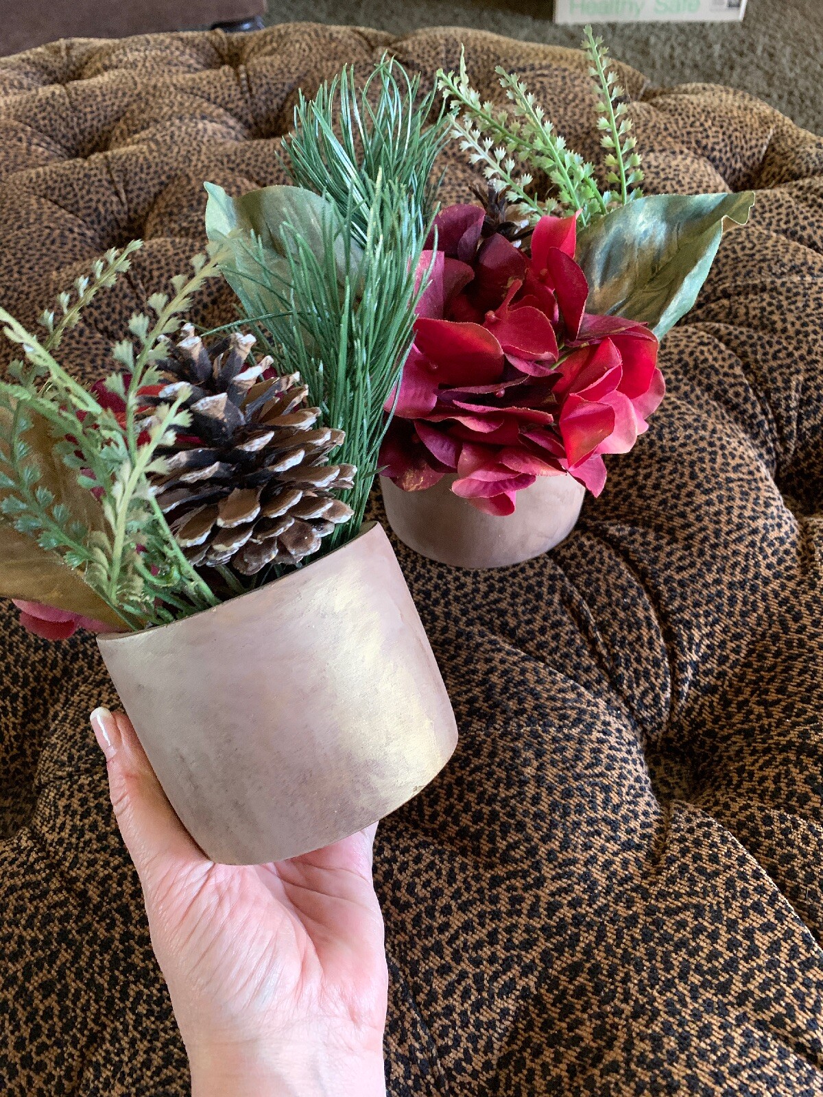 2 Red Hydrangea Floral Plant Greenery Faux Silk Stone Pot 7” Decor Accent