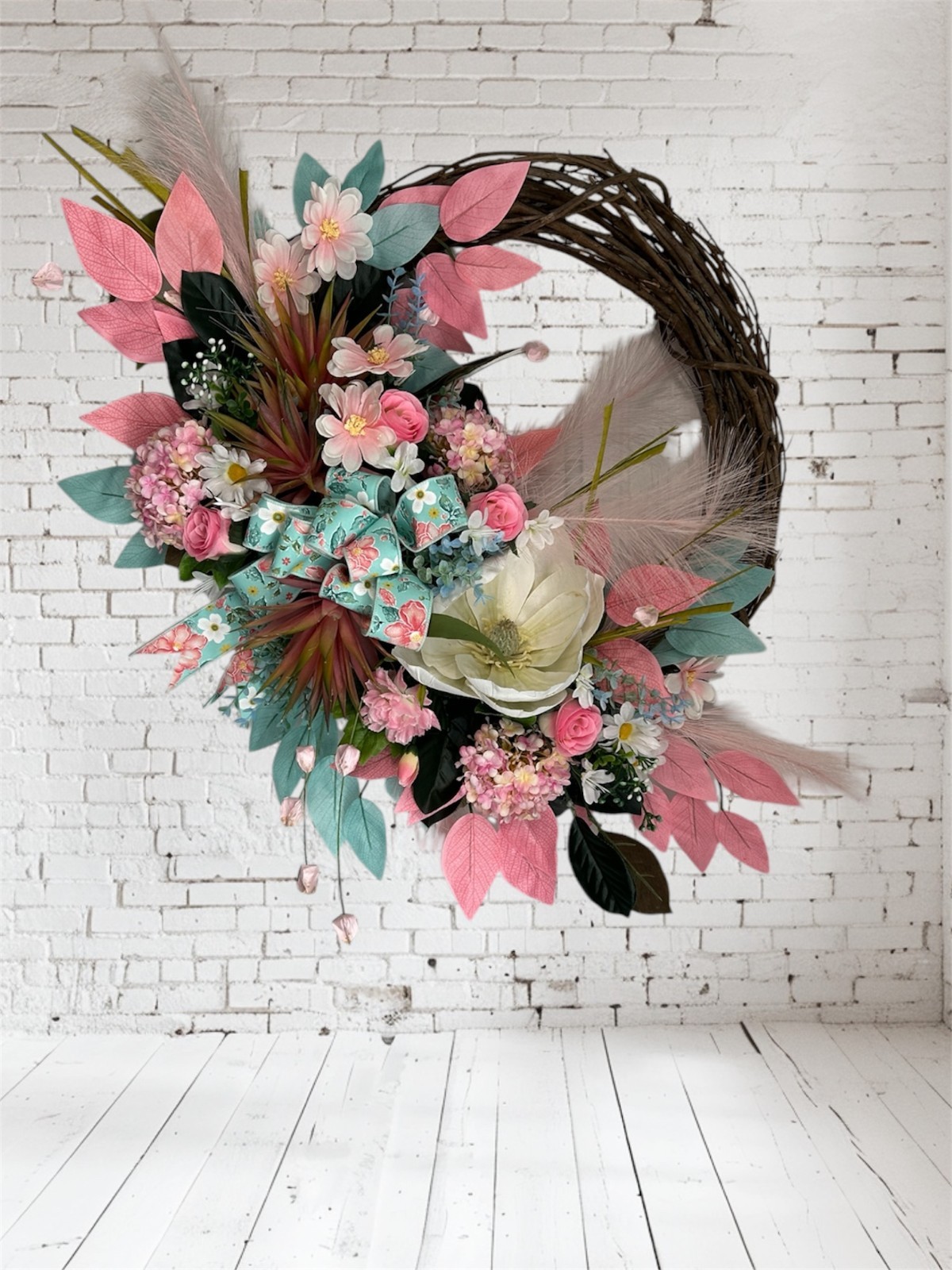 Summer Magnolia Wreath for Front Door, Pink Floral Grapevine Wreath, Cottage
