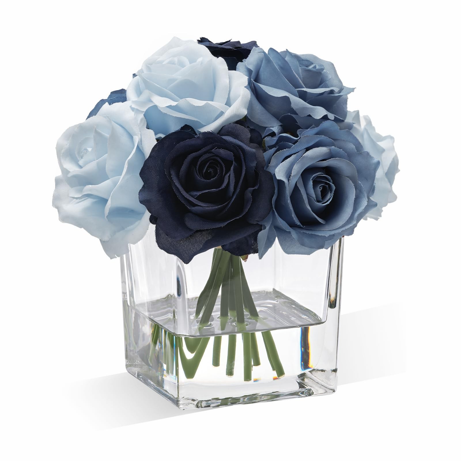 Blue Artificial Silk Rose Flowers In Vase Faux Water Table Centerpiece Decor