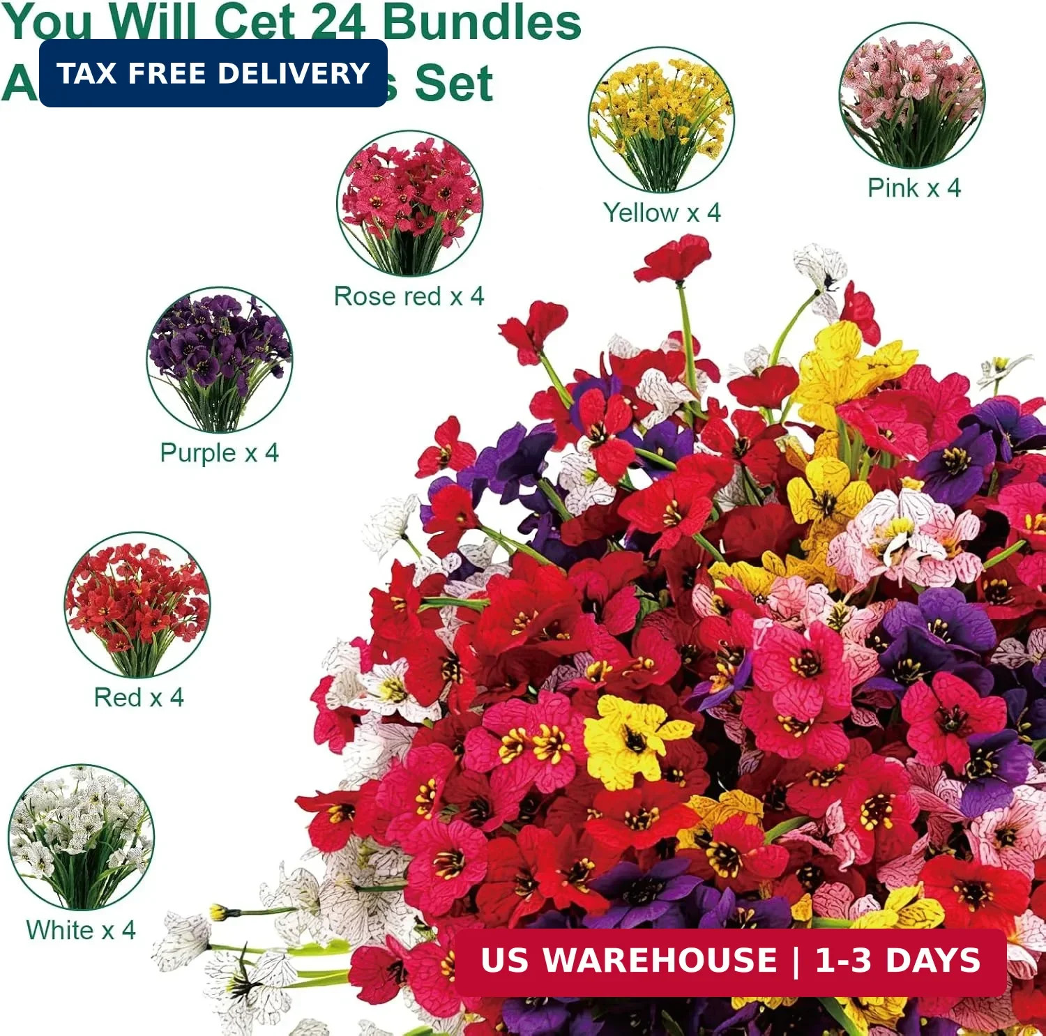 24 Pcs (6 Color) UV Resistant Outdoor Artificial Faux Flowers Plants Realistic P