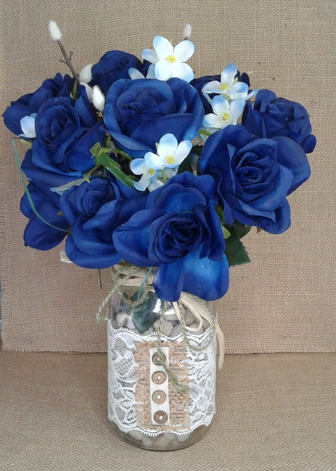 Navy Blue Roses Mason Jar Floral Arangement Original Country Chic Decor 1435