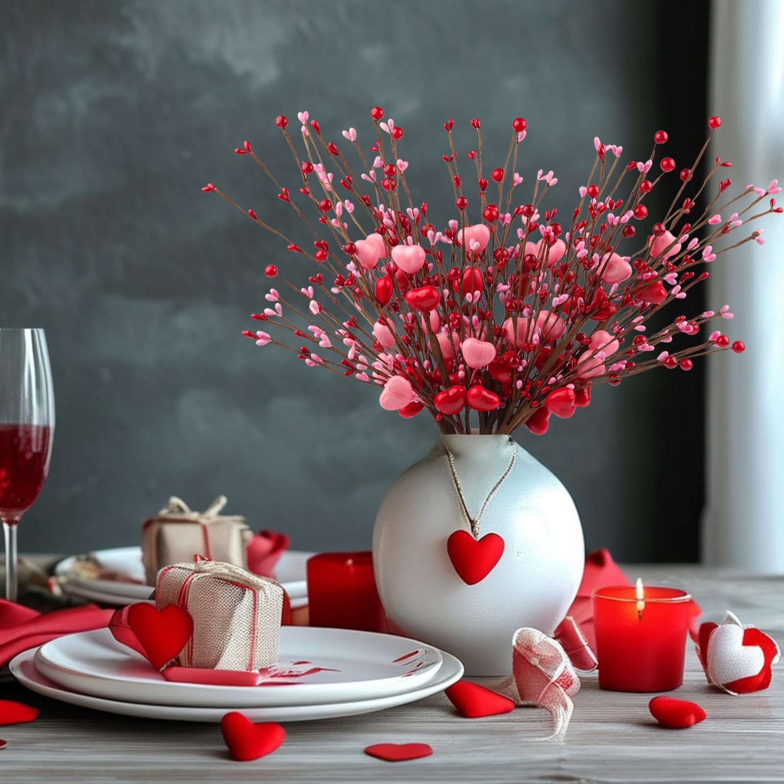 Heart Shaped Berry Picks 8 PCS 17 inch Artificial Valentines Flowers