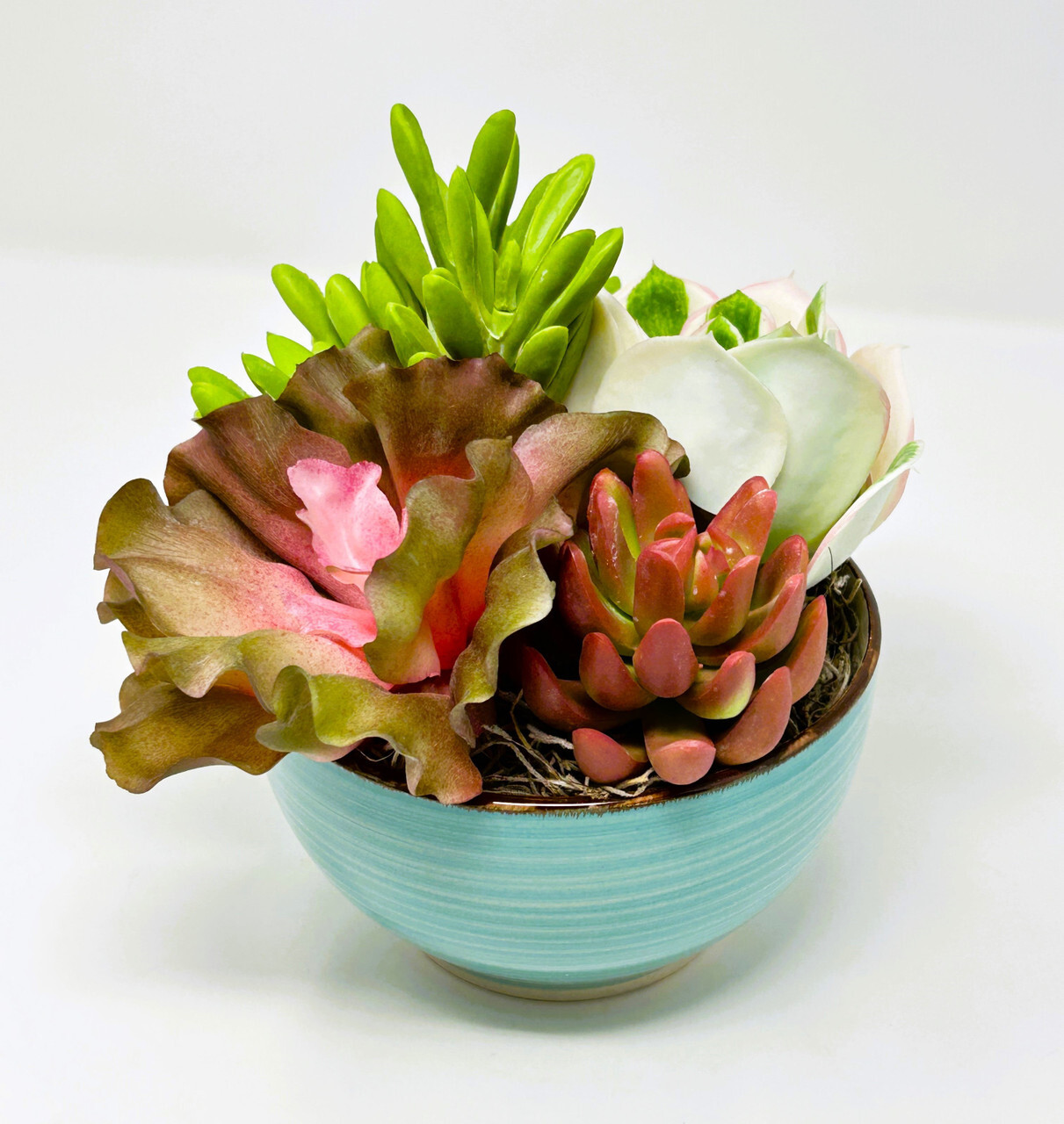 7″ Artificial MAUVE PINK mixed Succulent Garden #16, Blue Ceramic Bowl Planter