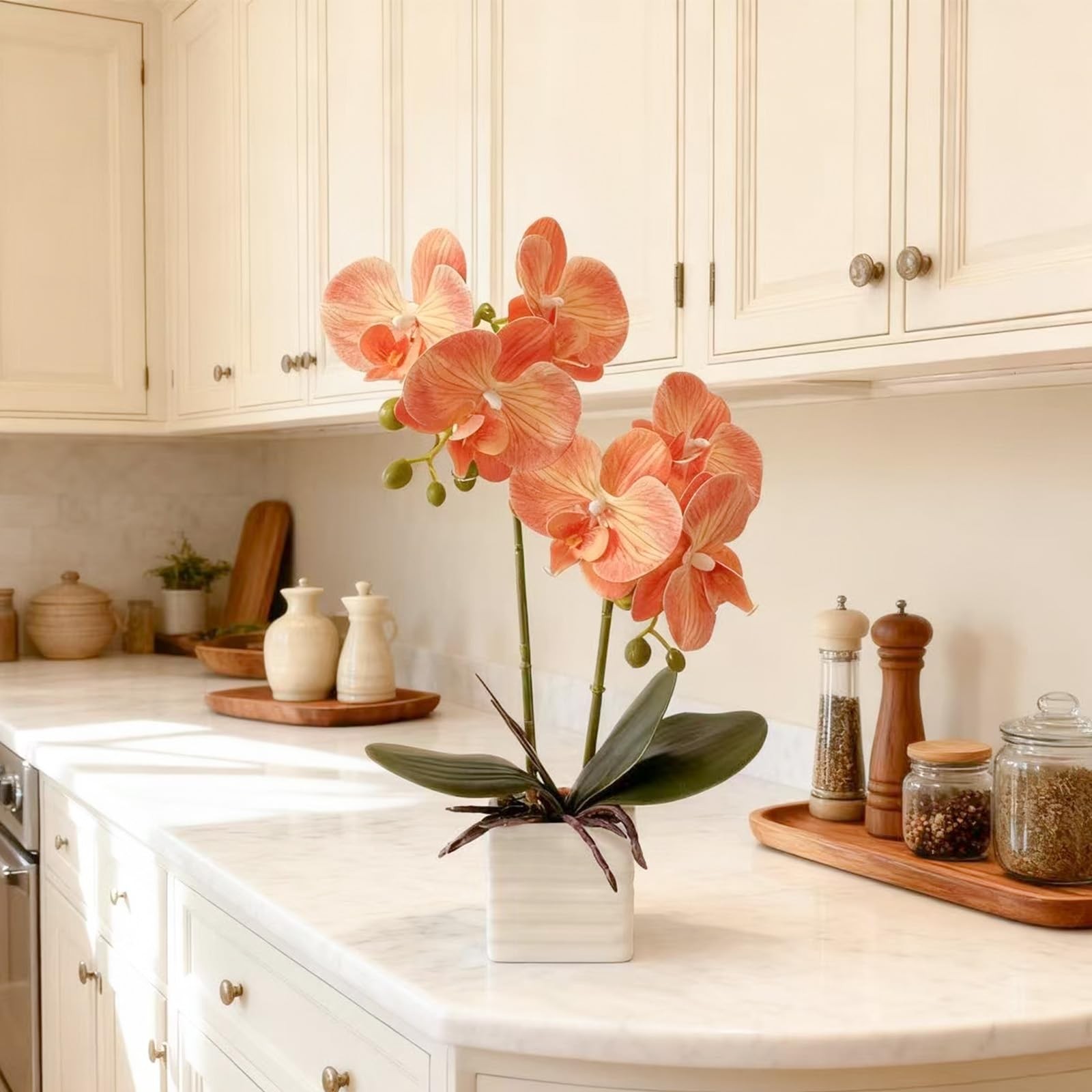 14″ Tall Artificial Indoor Orchids For Home Decor Orange Silk Flowers Vase