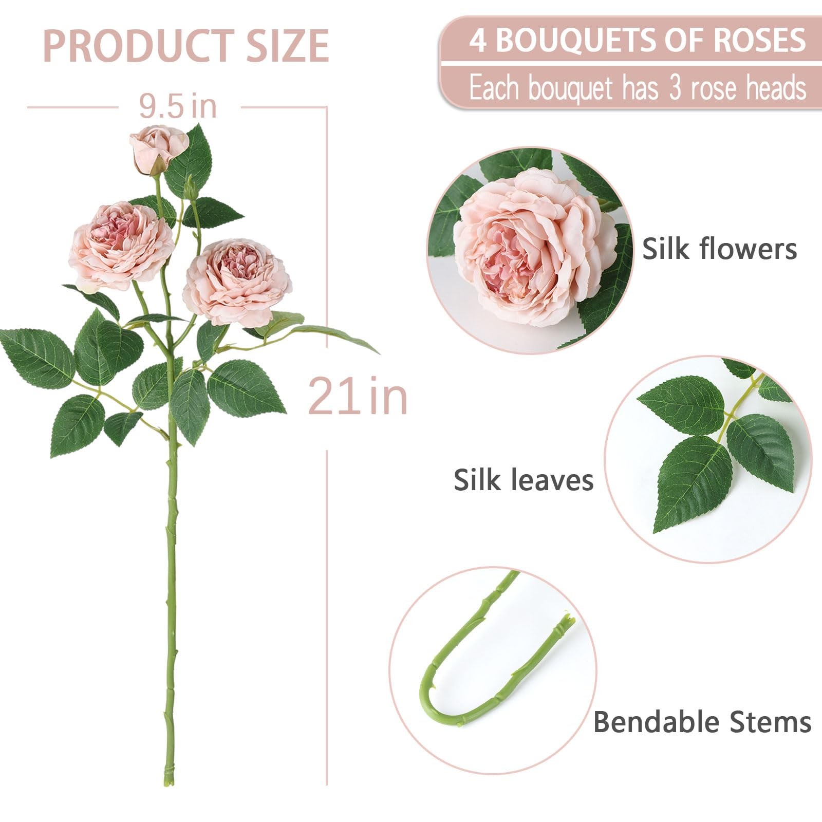4Pcs Pink Artificial Roses Flowers Fake Silk Rose Flower with Leaves Stems Re…