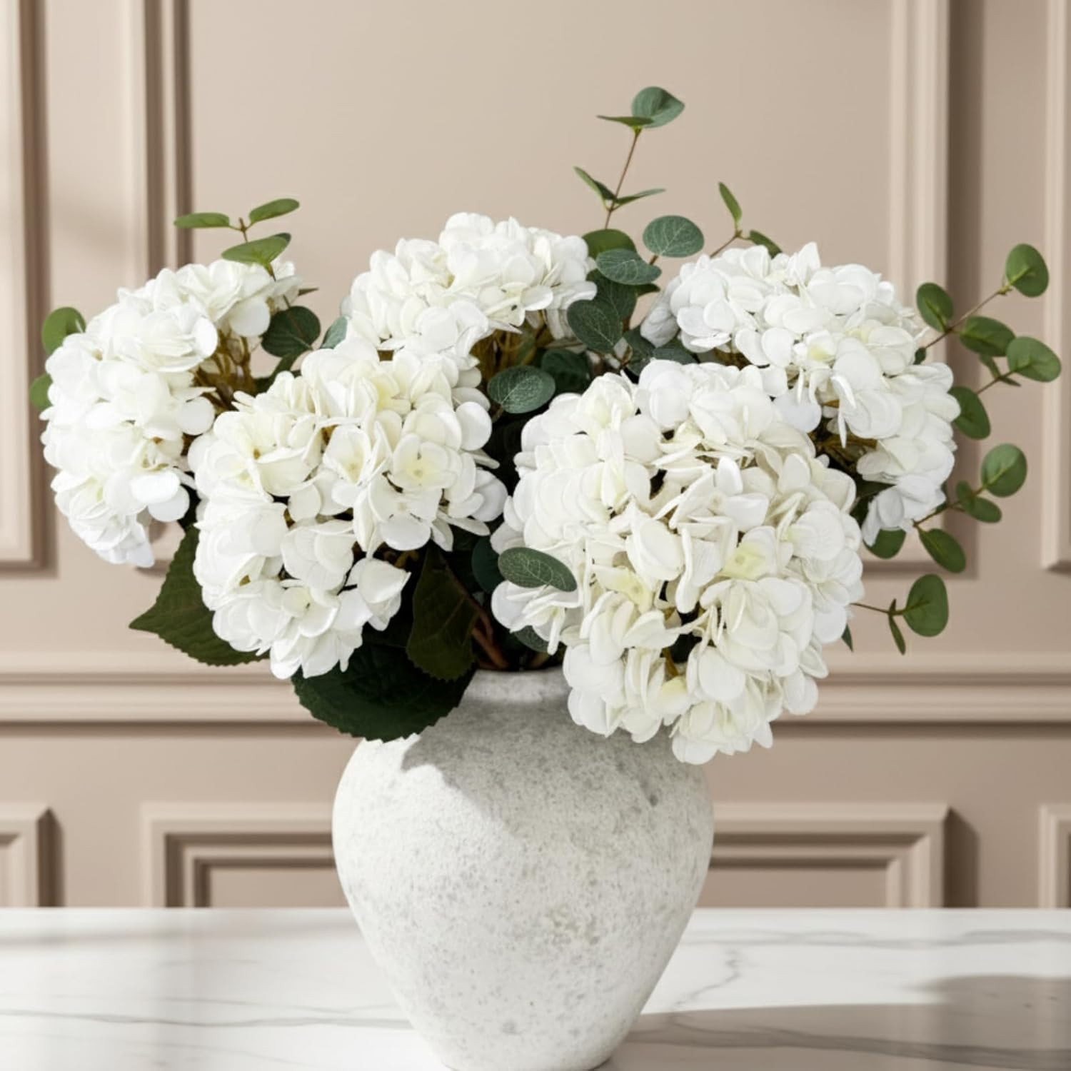 Real Touch White Faux Hydrangea and Eucalyptus Arrangement, Faux Floral Arrangem