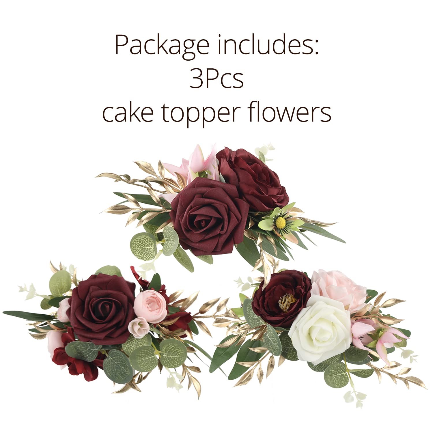 Premade Burgundy Flowers Cake Toppers Wedding Birthday Baby Shower Decor 3 PCS