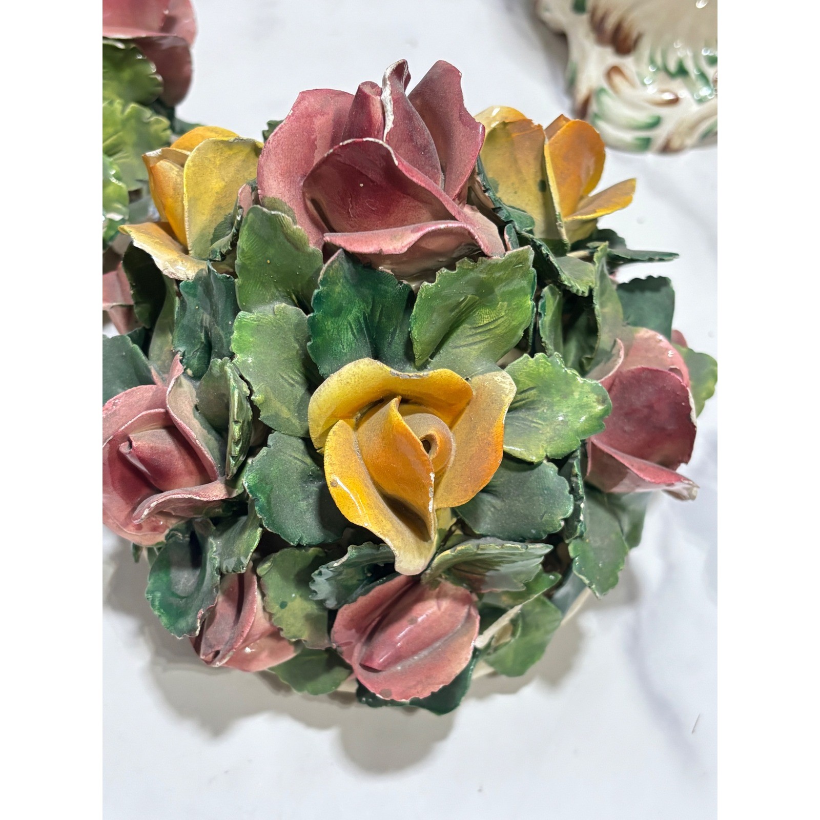 Vintage Capodimonte Italy Porcelain Lidded Urns Floral Bouquet Roses Set of 2