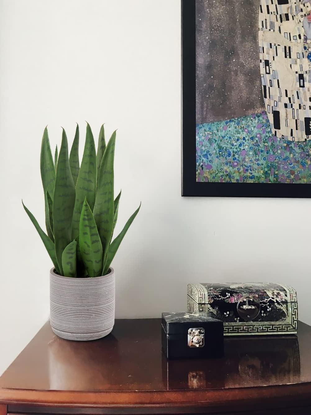 Fake Snake Plant 16″ Faux Potted Plant Artificial Snake Plant with Cement Pot…