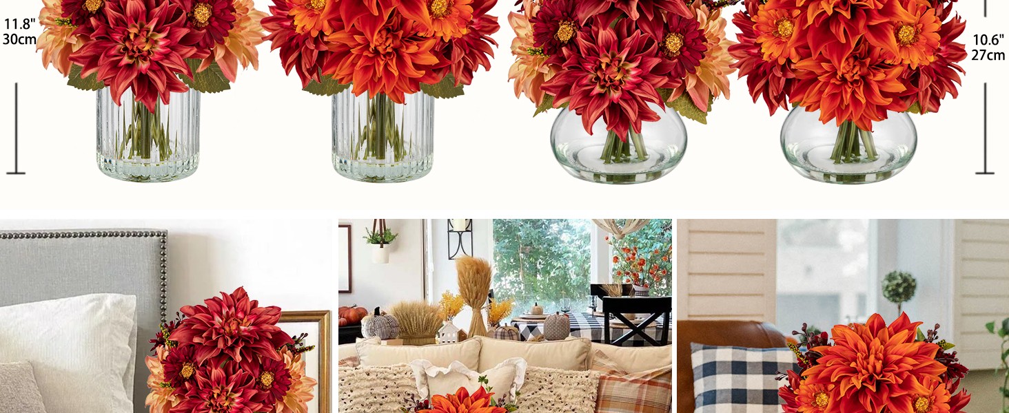 Faux Fall Flowers in Vase, Artificial Dahlia & Mum Silk Floral Arrangement with