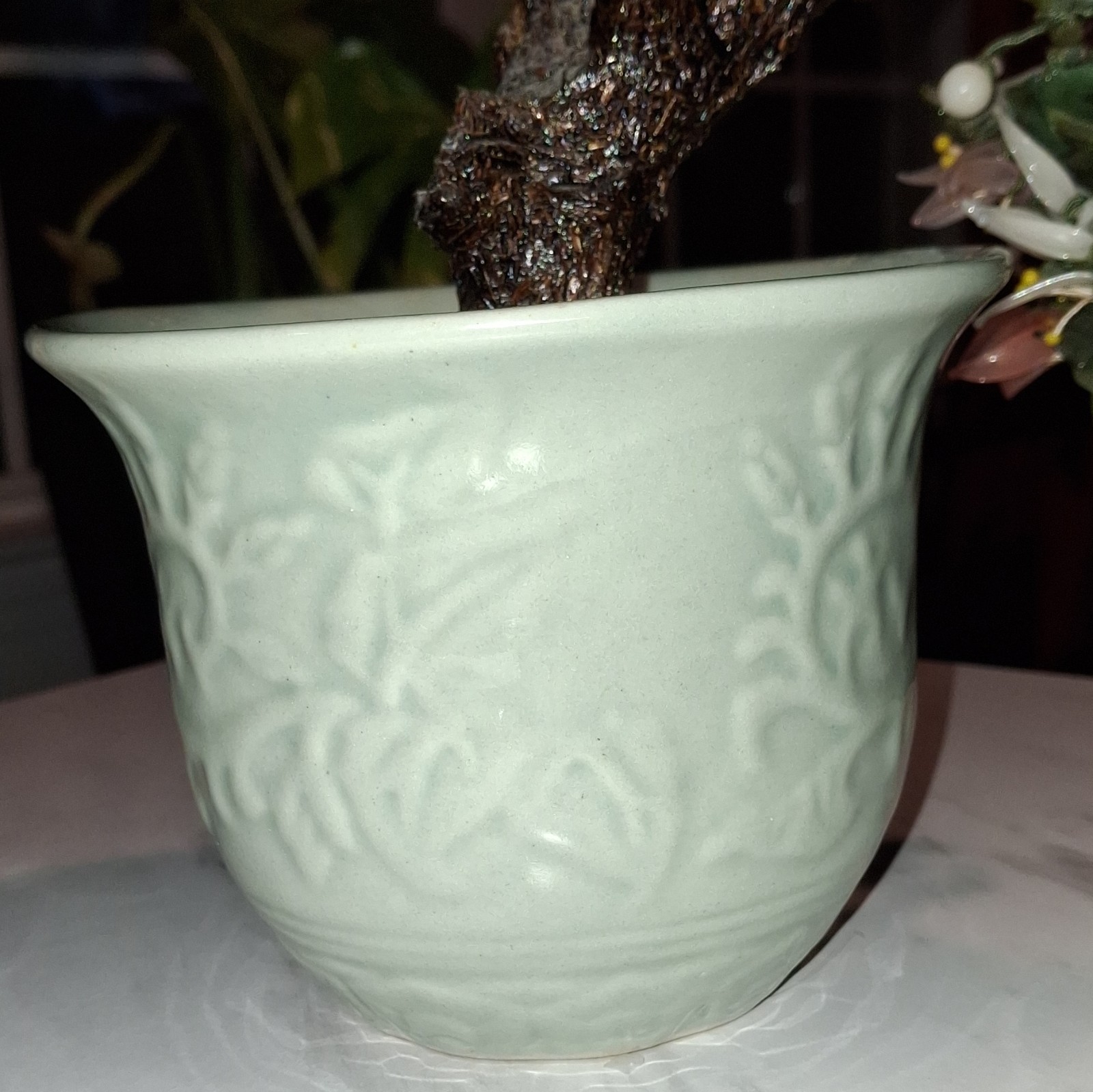 Vintage XLarge Chinese Jade Quartz Bonsai Tree Celadon 19×36” CHERRY Blossoms.