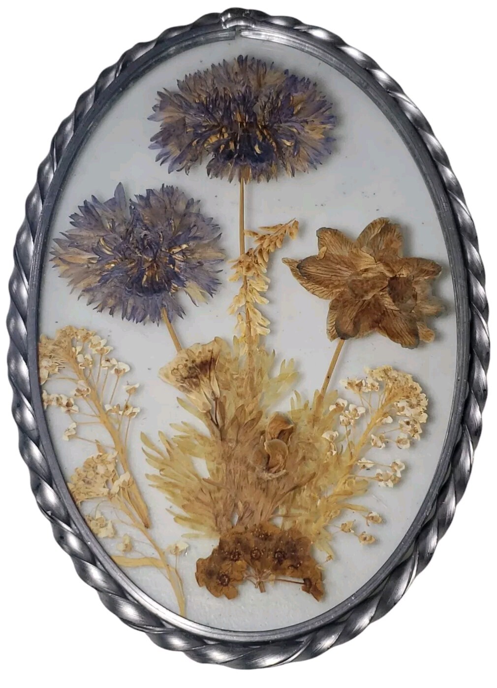 Vintage Lasting Impressions Real Dried Pressed Flowers In Glass W/ Pewter Frame